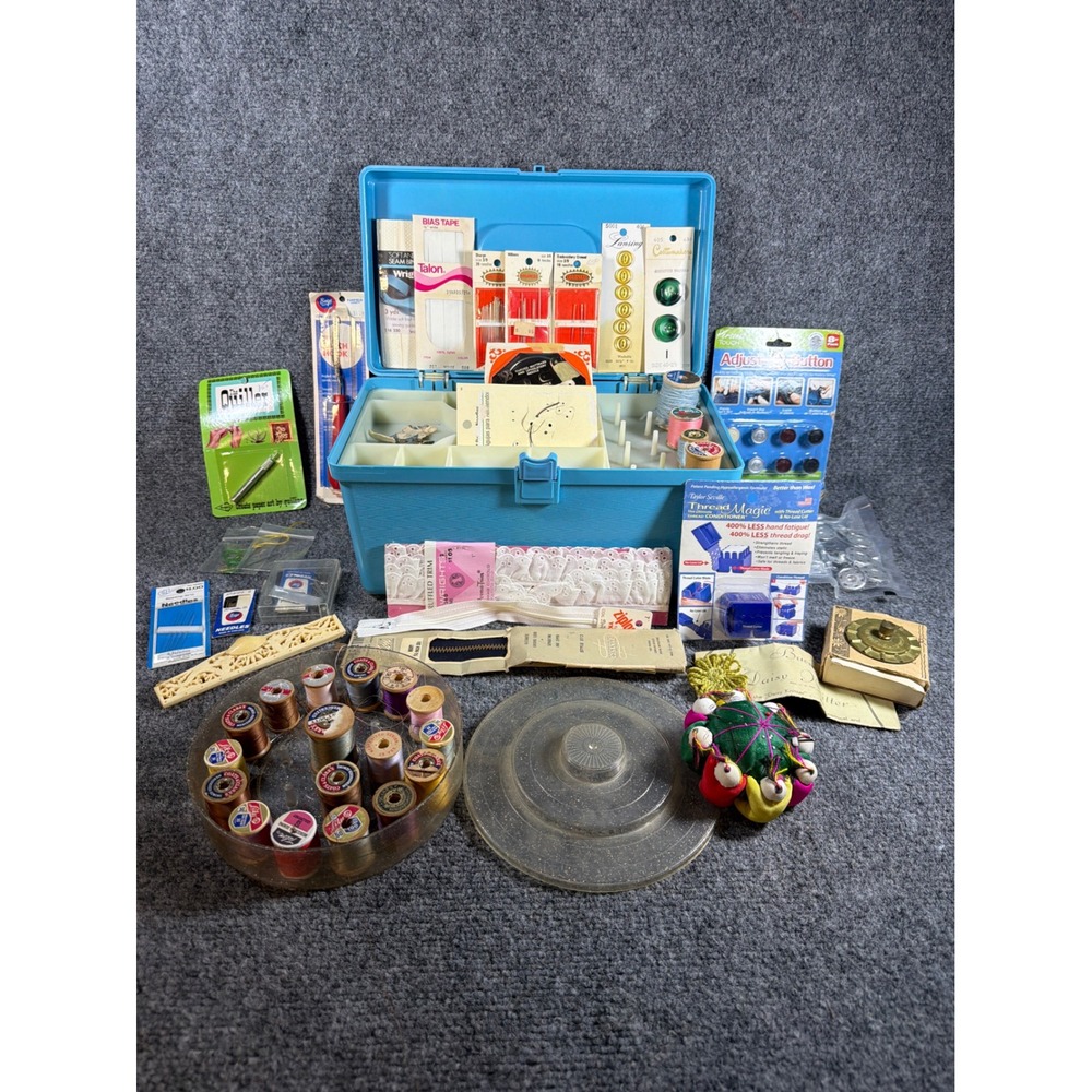 Vintage Sewing Box Lot Blue Wil-hold Case Bucilla Daisy Knitter Thread Notions